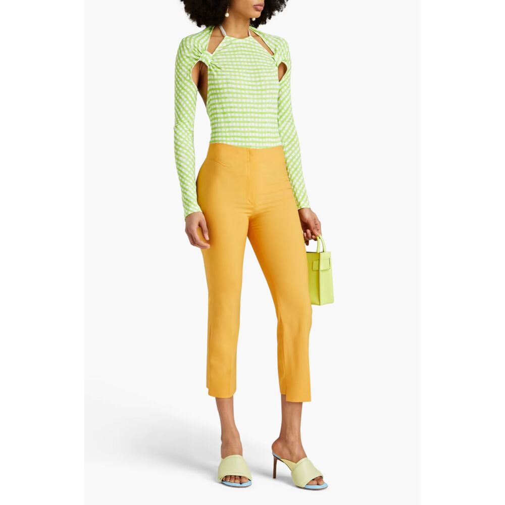 Green Gingham Cutout Long Sleeve Bodysuit | Open Back Halter Neck Stretch Blouse